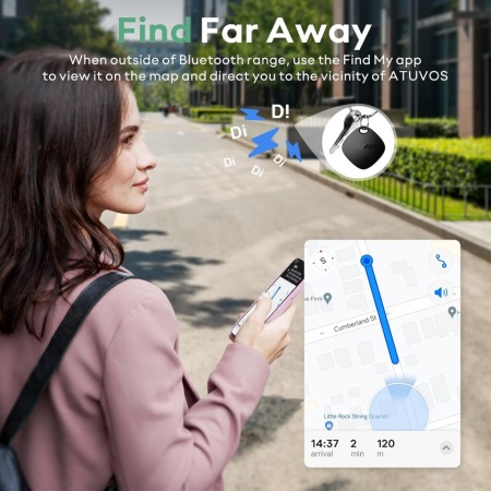 Set 2 Dispozitive de Urmărire Inteligente ATUVOS Smart Tracker Bluetooth, Compatibile cu Rețeaua Apple Find My (Unde este? - Doar iOS), Baterie Înlocuibilă CR2032 Inclusă, Difuzor Puternic 80–100 dB, Rezistență la Apă IP67, Fără Abonament, Negru - Img 4