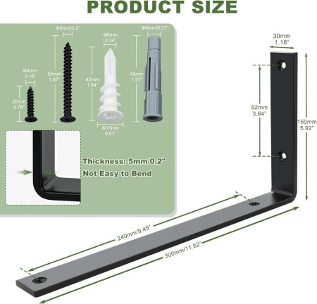 Set 2 Suporturi Metalice pentru Polițe SAYAYO Heavy Duty, Fier Masiv Grosime 5 mm, Profil L 300 x 150 mm, Încărcare până la 50 kg, Vopsire Negru Mat, Kit Complet de Montaj Inclus - Img 3