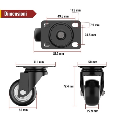 Set 4 Roți pentru Mobilier Cu Frână 50 mm Typec Home, Capacitate Totală 250 kg, Rulare Lină - Img 5