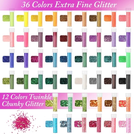 Set 48 Borcănașe cu Sclipici Colorat pentru Rășină Epoxidică, Lucrări Hand-Made, Slime, Unghii și Machiaj Artistic (Total 576g), Pudră Extra Fină și Sclipici Chunky, Design Anti-Vărsare cu Capac Flip-Top, Multicolor - Img 3