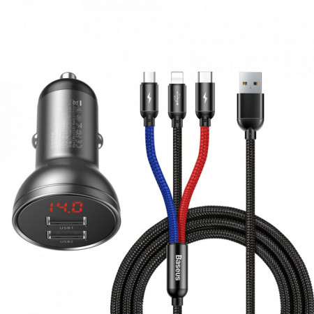Set incarcator auto + cablu Baseus Digital Display Dual USB 4.8A 24W + 3in1 USB - UBS Type C / micro USB / Lightning 1,2m cablu (TZCCBX-0G)