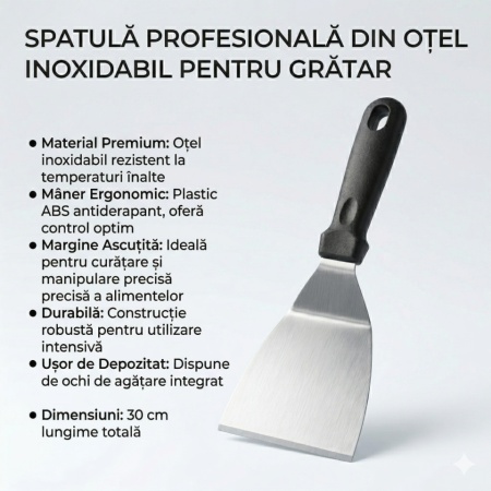 Spatulă Profesională pentru Grătar și Plită, Oțel Inoxidabil, Mâner Ergonomic Termorezistent - Img 2