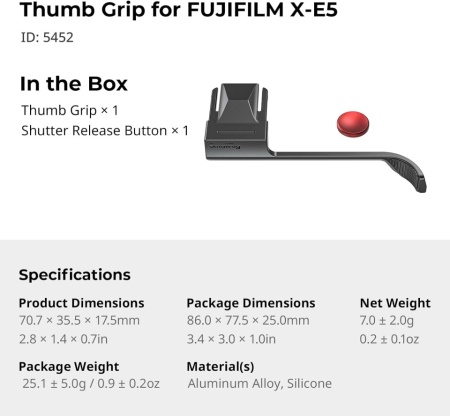 Suport / Priză pentru Degetul Mare SMALLRIG cu Capac pentru Pat Cald și Buton Declanșator pentru FUJIFILM X-E5 (Negru) - 5452 - Img 3