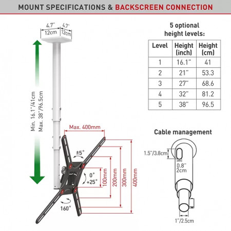 Suport telescopic TV Plat/ Curbat Barkan 3500.W, reglabil, 29&quot;-65&quot;, 40 Kg, Alb - Img 3