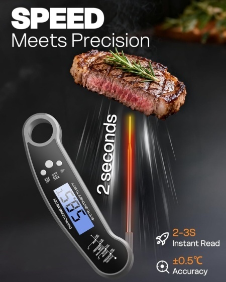Termometru Digital Profesional pentru Carne și Alimente BESROY, Sondă Pliabilă din Inox Alimentar, Citire Rapidă 2–3s, Ecran LCD Iluminat, Carcasă Rezistentă la Apă, Gri Neutru - Img 9