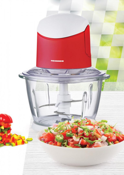 Tocator de legume Heinner, bol sticla 1L, 2 cutite din inox, angrenaj metalic, baza anti-alunecare, sistem de siguranta, putere: 500W, culoare alb/rosu