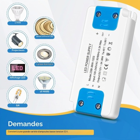 Transformator LED 36W 240V la 12V 3A Typec Home, Sursă de Alimentare AC-DC Flicker-Free, Driver Stabilizat de Tensiune Constantă pentru Benzi LED și Becuri G4, GU5.3, MR16, MR11, Format Compact - Img 5