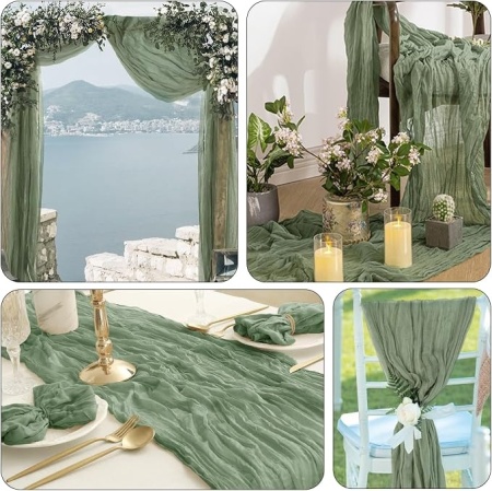 Traversă de masă decorativă Cheesecloth, 300 x 90 cm, Verde Salvie (Sage Green), din pânză topită tip tifon stil Boho/Rustic, pentru nunți, botezuri, petreceri și sărbători - Img 7