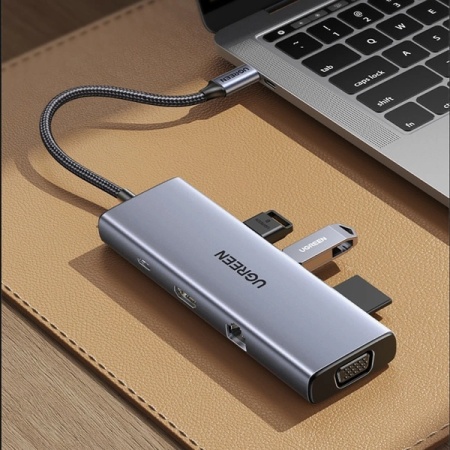Adaptor Ugreen CM498 15600 USB-C - 3x USB-A 3.0 / HDMI / VGA / RJ45 / SD / cititor de carduri TF / USB-C PD - gri - Img 8