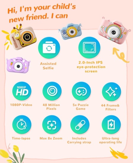 Aparat foto digital pentru copii model Melc, video Full HD 1080p, ecran IPS 2.0 inch, 44 rame foto, 5 jocuri educative, pentru fete și băieți 3-10 ani - Img 7