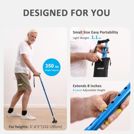 Baston Pliabil și Reglabil pentru Adulți și Seniori Rehand, Bază Pivotantă Autoportantă în 4 Puncte (Freestanding), Mâner Ergonomic Moale din TPR, Tijă Ușoară din Aluminiu cu 8 Trepte de Înălțime (78–96 cm), Husă de Transport Inclusă, Albastru - Img 4