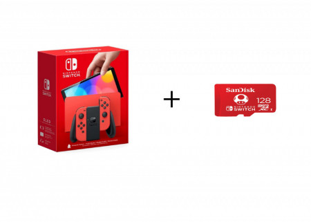Bundle Consola Nintendo Switch OLED Mario Red Edition + Card de memorie SanDisk micro SDXC pentru Nintendo Switch