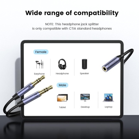 Cablu Adaptor Splitter Audio MOSWAG Jack 3.5mm Mamă la 2x Jack 3.5mm Tată, Conectori Placați cu Aur 24K - Img 5
