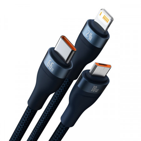 Cablu de incarcare rapida 3 in 1 Baseus Flash Series Ⅱ USB-A la USB-C / Micro-USB / Lightning 66W 480Mbps 1,2m Albastru - Img 8