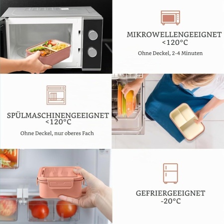 Caserolă Alimentară Bento 1400 ml, 3 Compartimente Detașabile, Set Tacâmuri Inclus, Etanșare Antiscurgere, Compatibilă cu Microunde și Mașina de Spălat Vase, Roz - Img 6