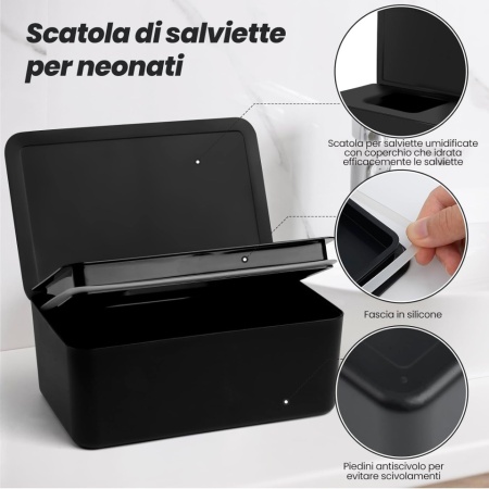 Cutie Dozator pentru Șervețele Umede cu Capac, Recipient Reîncărcabil Antipraf și Etanș, Picioare Antiderapante, pentru Baie, Birou și Mașină, 18.5 x 12 x 7.3 cm, Negru - Img 7