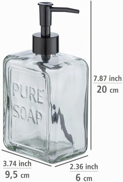 Dozator Reîncărcabil de Săpun Lichid din Sticlă Masivă 550 ml, Formă Cubică cu Muchii Verticale, Pompă Neagră Mată, Inscripție Pure Soap, pentru Baie și Bucătărie - Img 7