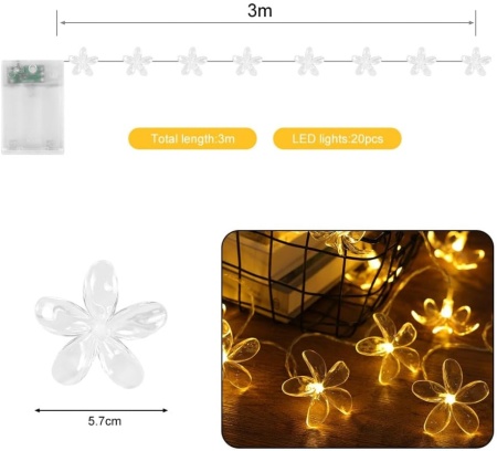 Ghirlandă Luminoasă LED Flori de Cireș (Cherry Blossom) 3 m, 20 LED-uri Lumină Caldă, Alimentare cu Baterii 3x AA, Fir Flexibil din Cupru, 2 Moduri de Iluminare (Continuu / Intermitent), Rezistentă la Apă, Decor Interior și Exterior - Img 6