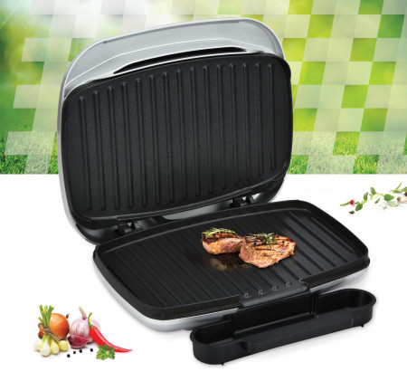 Gratar electric Heinner AriaGrill HEG-F1000SL, 1000W; placi fixe turnate 27 X 23 cm, invelis antiaderent, maner rece, Indicator luminos, tava pentru colectare ulei, Argintiu - Img 3
