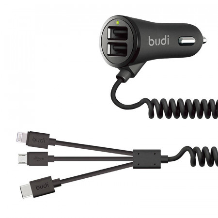 Incarcator auto 2x USB Budi 068T3, 3.4A + cablu 3in1 USB do USB-C / Lightning / Micro USB (negru)