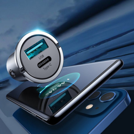 Incarcator auto Joyroom mini dual port USB Type C / USB 45 W 5 A Power Delivery Quick Charge 3.0 AFC SCP blue (C-A35) - Img 3