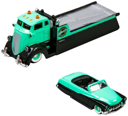 MAISTO DESIGN ELITE TRANSPORT SET CAMION CU RAMPA COE FLATBED SI MASINUTA MERCURY CUSTOM 1950 SCARA 1 LA 64 - Img 3
