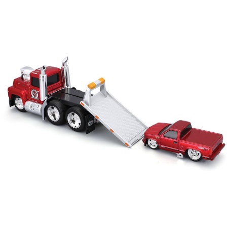 MAISTO MUSCLE TRANSPORTS SET CAMION CU PLATFORMA MACK R685ST FLATBED 1980 SI MASINUTA CHEVROLET 454 SS PICKUP 1993 SCARA 1 LA 64 - Img 3