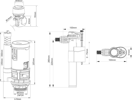 Mecanism Complet Universal Tomatherm pentru Toaletă, Cu Cablu pentru Dublă Tragere și Robinet de Alimentare Lateral, Conector din Aramă M12/17 (3/8 Inch) - Img 4