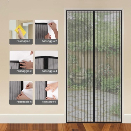 Plasă Anti-Insecte Magnetică pentru Ușă MYCARBON 100 x 210 cm, Închidere Automată cu Magneți, Montare cu Bandă Adezivă Fără Găurire, Negru - Img 4