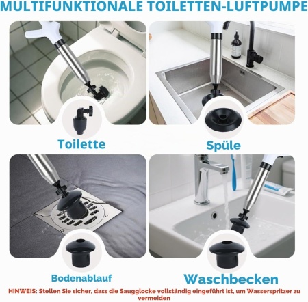 Pompă Pneumatică de Desfundat Țevi cu Aer Comprimat de Înaltă Presiune, Barometru Integrat, Corp Inox și 4 Adaptoare din Cauciuc Natural, Deblocare Rapidă Fără Chimicale pentru Toaletă, Chiuvetă, Cadă, Duș și Sifon de Pardoseală - Img 3