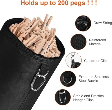 Sacosa pentru carlige de rufe Typec, cu snur de strangere si carabiniera de agatare, sac depozitare impermeabil pentru interior si exterior, Negru - Img 6