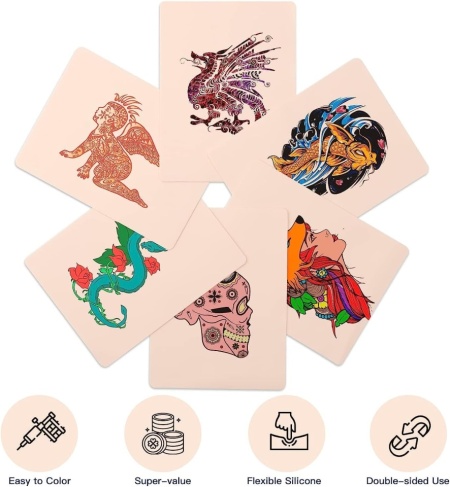 Set 10 Bucăți Piele Sintetică pentru Exersat Tatuaje Unihuby, 20 x 15 cm (8x6 Inch), Silicon Sintetic Flexibil cu Textură Realistă, Utilizare Față-Verso, Ambalate Individual, pentru Începători și Artiști Tatuatori - Img 5