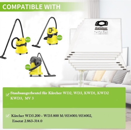 Set 10 Saci de Filtrare din Pânză Textilă (Fleece) Compatibili cu Aspiratoare Umed-Uscate Kärcher WD 2, WD 3, MV 3, SE 4001, SE 4002, Microfibră 3 Straturi Rezistentă la Rupere, Filtrare 99.97% - Img 5