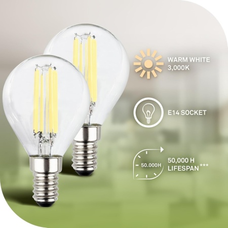 Set 2 Becuri LED Filament Briloner E14 tip Picătură (G30), Clasa Energetică A, 4W, 840 lm, Lumină Alb Cald 3000K, Durată de Viață 50.000 Ore - Img 2