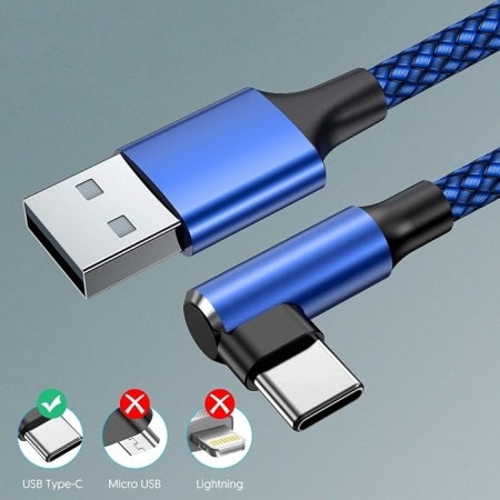 Set 2 Cabluri USB la USB-C la 90 Grade, Unghi Drept, Încărcare Rapidă Fast Charge, Înveliș Textil Nailon Împletit, Lungime 2 m, Negru - Img 4