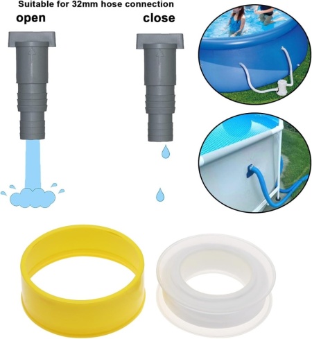 Set 2 Robinete de Închidere pentru Piscină cu Conexiune Furtun 32 mm, Supape de Blocare Debit cu 6 Coliere din Oțel Inoxidabil, Adaptor Mentenanță Filtru și Pompă de Apă - Img 6