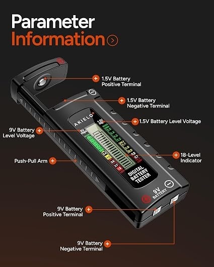 Set 2 testere digitale pentru baterii AKIELO+, ecran LCD, fără baterie necesară, verificator universal pentru AA, AAA, C, D, 9V și baterii tip pastilă (1.5V) - Img 3