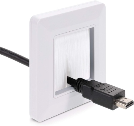 Set 2 Treceri de Cablu cu Perie kwmobile, Mască Pătrată 80 x 80 mm pentru Perete și Birou, Inserție Perie 50 x 50 mm, Organizator Cabluri TV, PC și Electrocasnice, Alb - Img 3