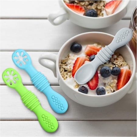 Set 3 Lingurițe de Învățare din Silicon pentru Bebeluși Vicloon (Albastru + Verde + Gri), Fără BPA, Linguriță de Diversificare și Masaj Gingival pentru Copii de la 4 Luni - Img 3