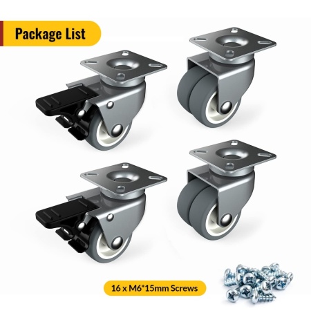 Set 4 Roți Pivotante pentru Mobilier HOLKIE Heavy Duty 50mm, Cu Frână, Capacitate Totală 400 kg (2 cu Frână și 2 fără) - Img 4