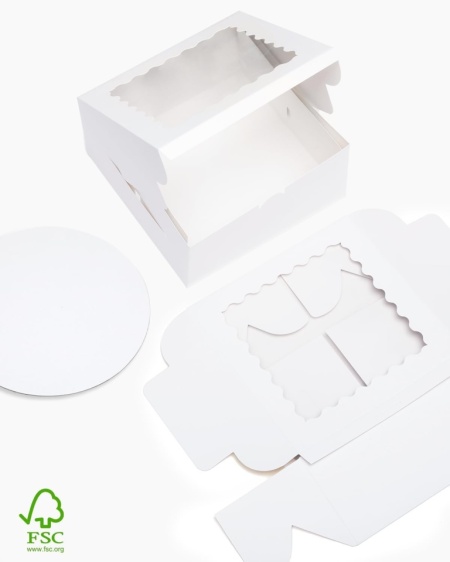 Set 5 Cutii pentru Tort cu Fereastră și 5 Baze Rotunde Cartonate de 25x25 cm, Albe - Img 7
