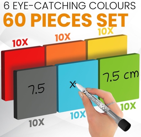 Set 60 Etichete Magnetice Reutilizabile și Inscriptibile ATWAM 75 x 75 mm (3x3 Inch), 6 Culori Vibrante, Carduri Magnetice Ștergibile Uscat pentru Tablă Magnetică, Panouri Scrum, Tablouri Kanban, Frigider și Organizare Agilă - Img 5
