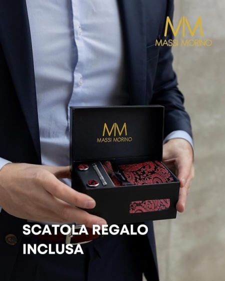 Set Elegant 5 în 1 Masino Morino pentru Bărbați: Cravată, Batistă de Buzunar, Butoni și Ac de Cravată, Cutie Premium de Cadou - Img 3
