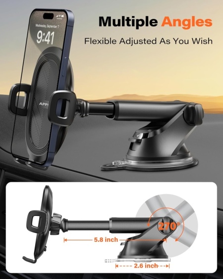Suport Auto pentru Telefon APPS2Car, Fixare cu Ventuză Gel și Pad Adeziv 3M pe Parbriz sau Bord, Braț Telescopic Reglabil, Rotație 360°, Buton Quick-Release, Compatibil 4.7 - 6.8 Inch, Negru - Img 5