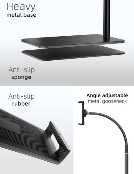 Suport de Podea Reglabil pentru Tabletă și Telefon LanPavilion, Braț Flexibil Tip Gât de Lebădă 40 cm, Rotație 360°, Bază Metalică Stabilă și Grea (1.8 kg), Compatibil 4.7–12.9 Inch, Negru - Img 5