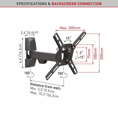 Suport TV Plat/ Curbat de perete Barkan 2300.B, reglabil, 19"-39", 25 Kg, Negru - Img 2