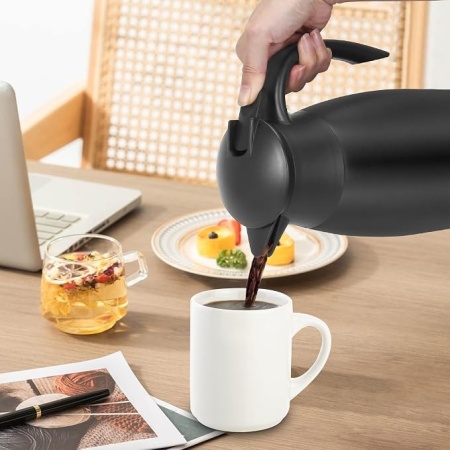 Termos cana termica pentru cafea si ceai, 2 Litri (70 oz), din inox alimentar cu pereti dubli vidati, cana izoterma mentinere cald/rece, capac cu buton de turnare, Argintiu/Negru - Img 6