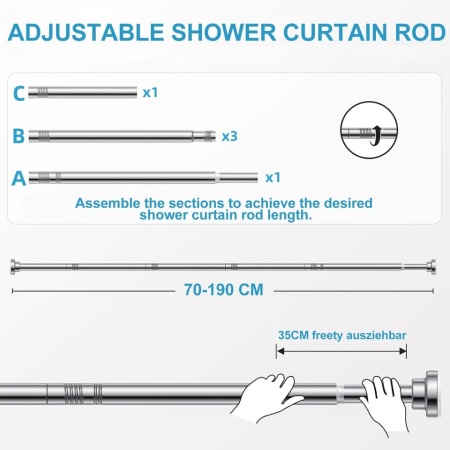 Bară Telescopică pentru Perdea de Duș fără Găurire, Lungime Reglabilă 70–190 cm, Oțel Inoxidabil Rezistent la Rugină, Fixare prin Presiune cu Arc, Susține până la 25 kg - Img 2