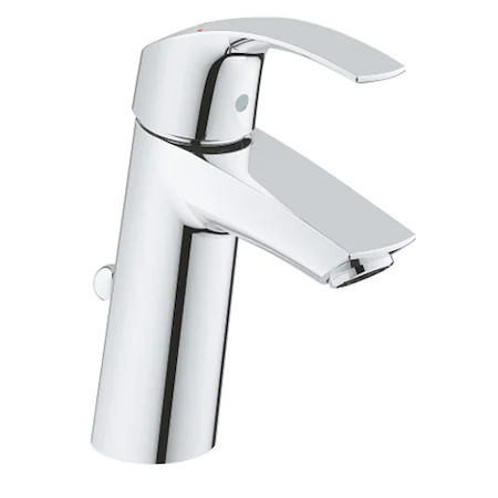 Baterie lavoar Grohe Eurosmart, monocomanda, racorduri 3/8'', cartus ceramic, limitator temperatura, set evacurare cu tija, aerator, marimea M, crom