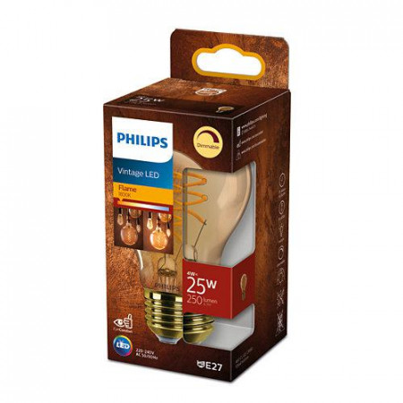 Bec LED vintage Philips Classic A60, intensitate luminosa reglabila (dimabil), E27, 4W (25W), 250 lm, lumina calda tip flacara (1800K), Auriu